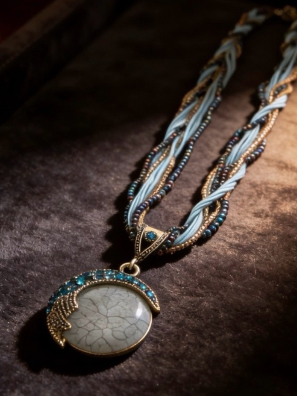 Mtlee Bohemian Blue and Gold Braided Statement Necklace EUC